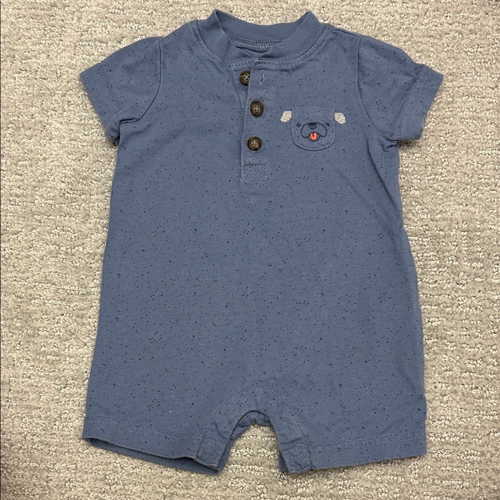 Blue Baby Short Sleeve One-Piece Bodysuit with Bear Patch